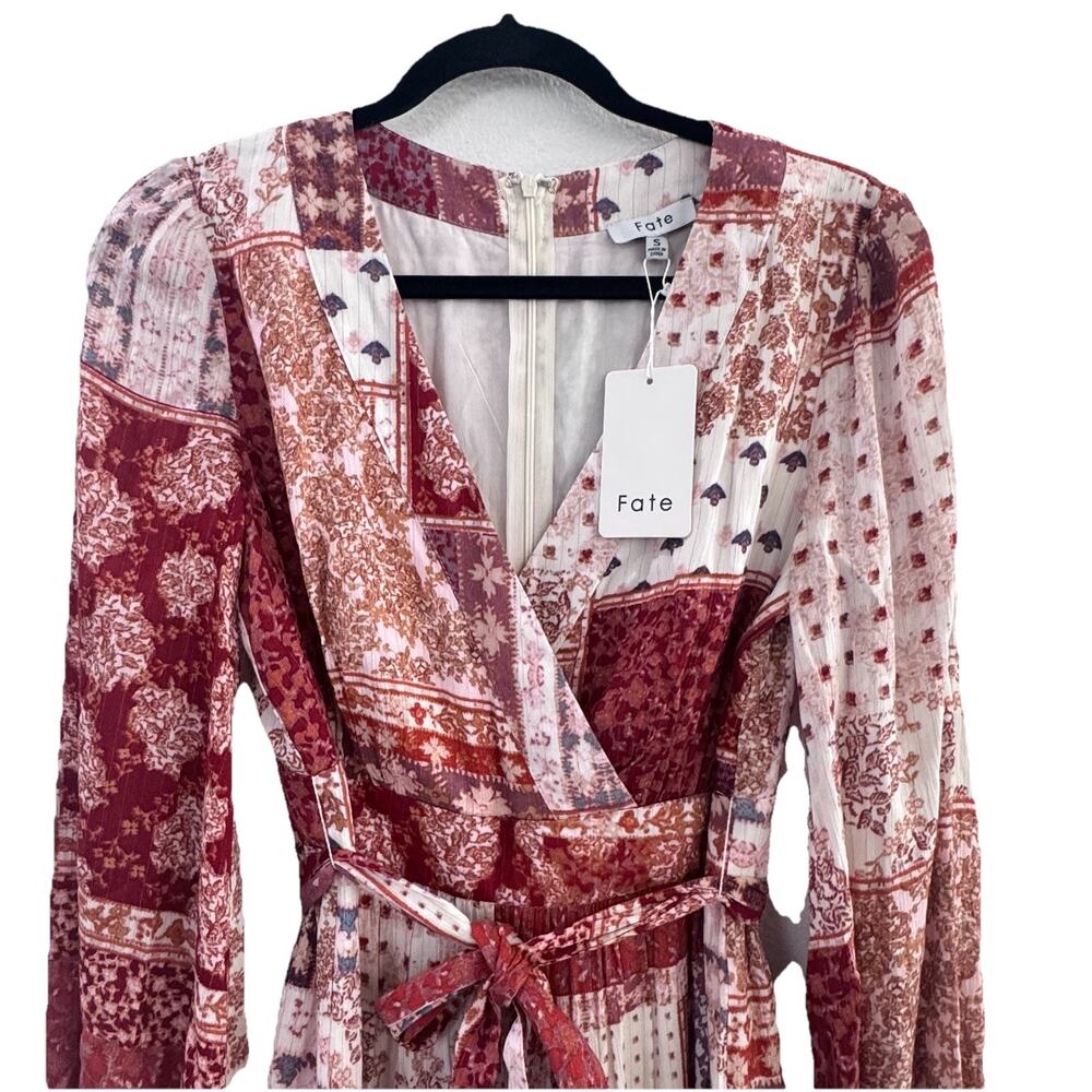 New Fate Wrap Midi Dress S Long Sleeve V-Neck Patchwork Fall Paisley Boho NWT